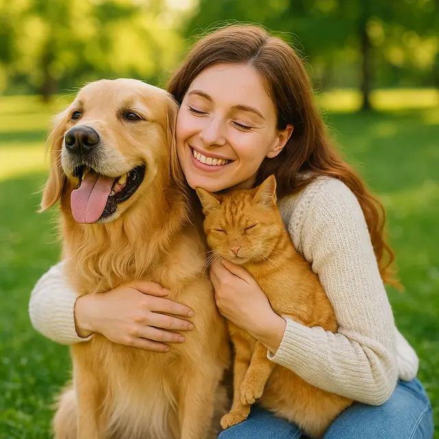 Una persona abraza a su perro y a su gato