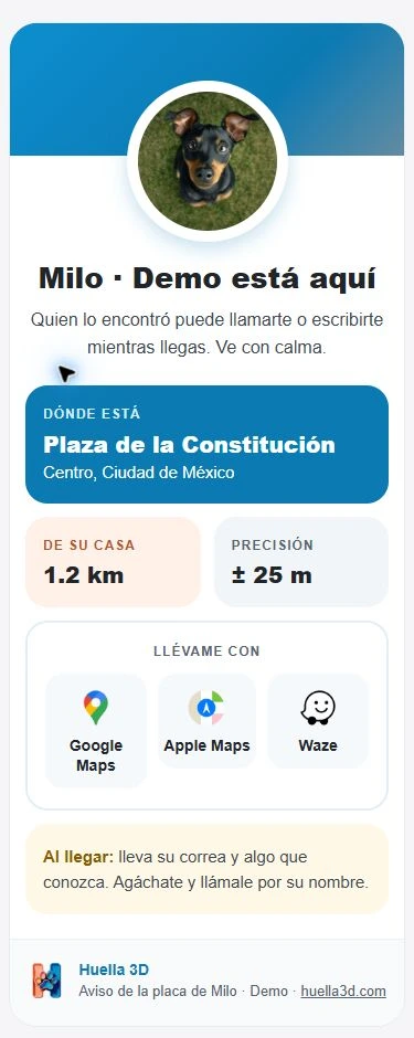 Correo de Huella 3D: Milo está aquí, ubicación compartida y botones de Google Maps, Apple Maps y Waze