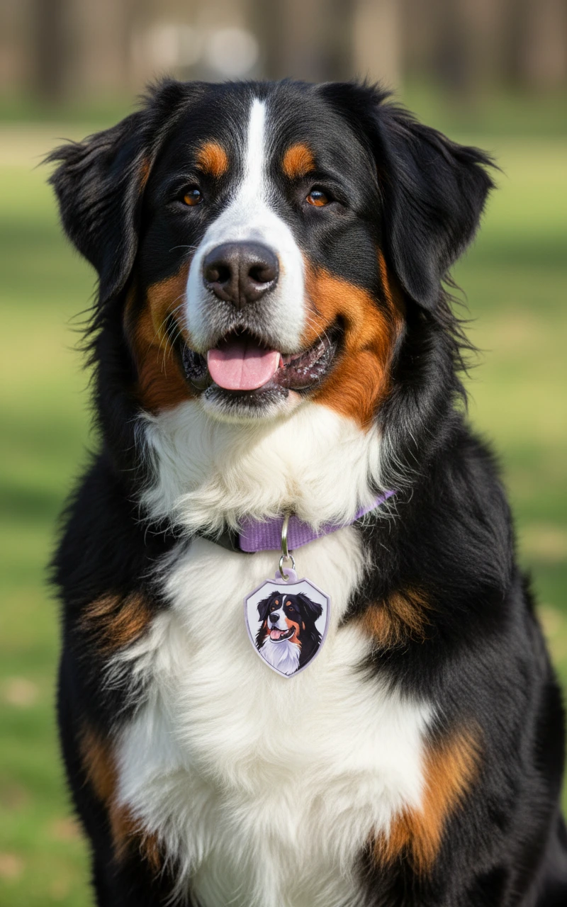 Perro bernés con collar morado y placa Huella 3D con su retrato