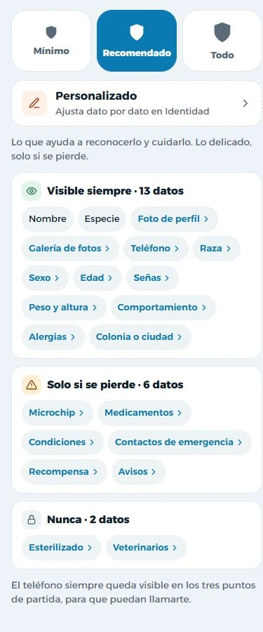Controles móviles reales: visible siempre, solo si se pierde y nunca